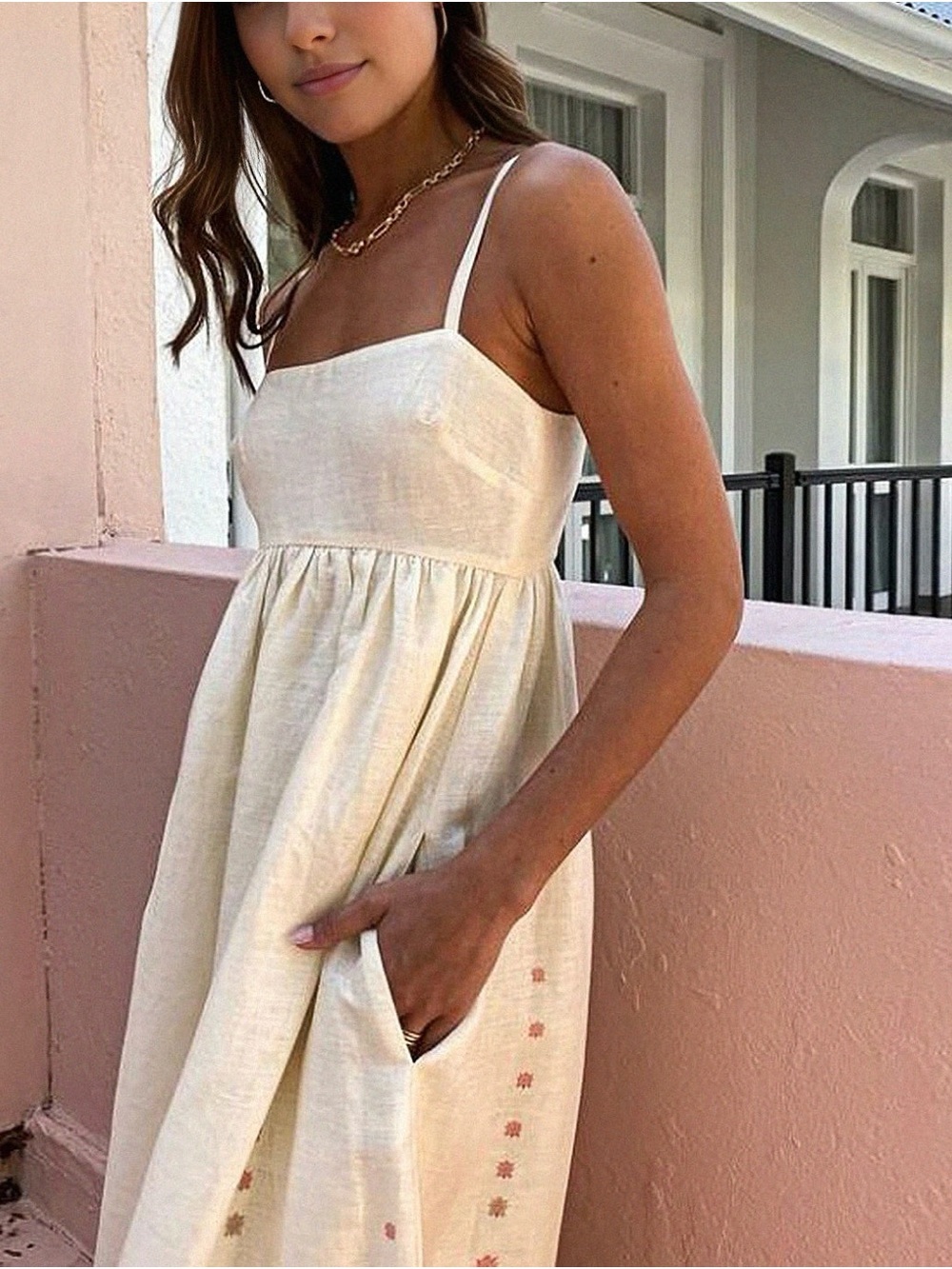 NWOT Commense Ivory Floral Embroidered Maxi Dress Square Neck Boho Resort Size L - Picture 3 of 11